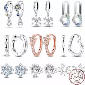 100% настоящие серьги из серебра 925 пробы, снежинка, циркон, в форме сердца, золото, розовое золото, циркон, ювелирные изделия, сверкающий кулон-обруч белый