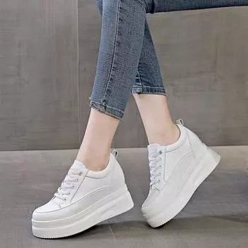 100% натуральная кожаная обувь, женские модные кроссовки, брендовые женские туфли на плоской платформе, увеличивающие рост на 8 см, черные белые туфли 34 белый