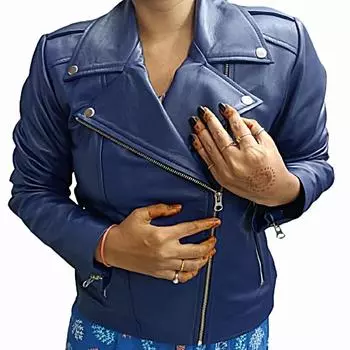 100% натуральная мягкая кожа ягненка для женщин и девочек, мотобайкерская куртка, облегающий крой, с длинными рукавами, СТИЛЬНАЯ и красивая куртка, для женщин XS синий