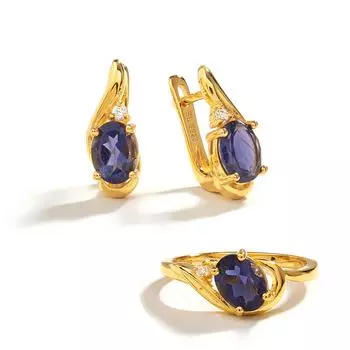 100% натуральный драгоценный камень иолит, изысканные ювелирные изделия, серьги-застежки, кольца из желтого золота 18 карат, овал 6*8 мм, красивый дизайн для женщин, хороший подарок us ring size 6# синий