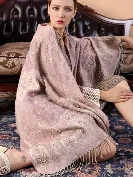 100% натуральный шерстяной шарф-шали осенне-зимний толстый шерстяной теплый шарф для женщин вышитый бисером универсальный шерстяной платок пашмина 180x70cm