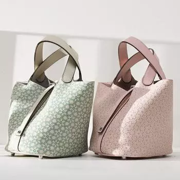 100% полный первый слой коровьей кожи Цветочная сумка-ведро Кожаная напечатанная женская сумка-корзина для овощей с цветочным принтом