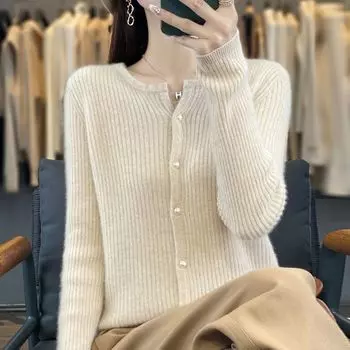 100% Pure Wool Cardigan Female 2025 Spring & Fall Knitting Outwear Loose Slim Looking Small Short All-Match Sweater Raw Velvet Rice L