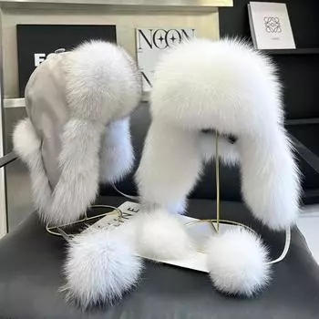 100% натуральный мех лисы, женская русская ушанка, летчик, шапка-ушанка, лыжная шапка, зимняя шапка-бомбер из меха енота Adjustable 52cm-60cm белый