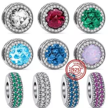 100% настоящие серебряные бусины S925 розового и синего цвета, сияющие круглые бусины, подходят для оригинального браслета с подвесками, женских ювелирных изделий на годовщину