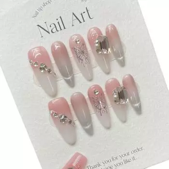 100% ручная работа, длинные капли воды, искусственные ногти кошачий глаз, французский градиент, серебряная бабочка, блестящий квадратный ромб, нежный телесный цвет, накладные ногти XS