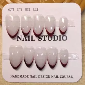 100% ручная работа, короткие миндалевидные ногти Aurora, прозрачные и красные, французский типс, набор для накладных ногтей с клеем и коробкой, простые искусственные ногти, многоразовые XS