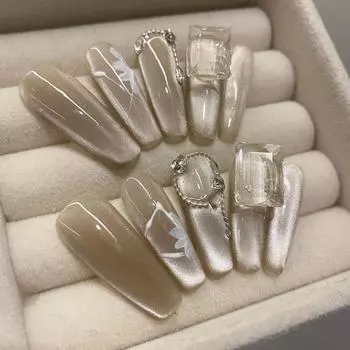 100% РУЧНАЯ РАБОТА, длинная трапециевидная форма, очень длинная форма гроба, нарисованные вручную цветы, однотонный серый цвет, кошачий глаз, бриллиант, нежная металлическая цепочка, накладные ногти XS