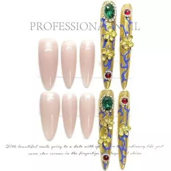 100% РУЧНАЯ РАБОТА Длинные миндалевидные ногти в стиле GPalace, роскошный высококачественный набор накладных ногтей с клеем и коробкой, рубиновые и изумрудные золотые накладные ногти XS
