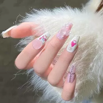 100% РУЧНАЯ РАБОТА Длинные накладные ногти в форме гроба с клеем Melody Girly Heart Pink Sugar Love Контрастные цветные накладные ногти из акрила Многоразовые накладные ногти XS