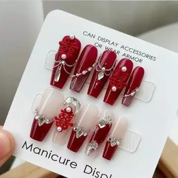 100% РУЧНАЯ РАБОТА Длинные накладные ногти в форме гроба Свадебный стиль красные атмосферные накладные ногти, съемные новогодний маникюр Набор накладных ногтей с клеем XS