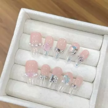 100% РУЧНАЯ РАБОТА Длинные накладные ногти в форме гроба с клеем Beautiful Girl Lace Pure Desire Ice Crystal Medium Trapezoid press on nails акриловые накладные ногти XS