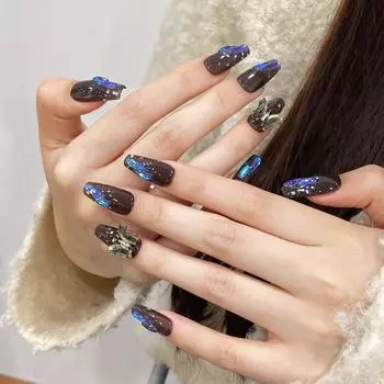 100% РУЧНАЯ РАБОТА Длинные накладные ногти в форме гроба с клеем Прозрачные черные кристальные вспышки Aurora накладные ногти акриловые накладные ногти многоразового использования XS