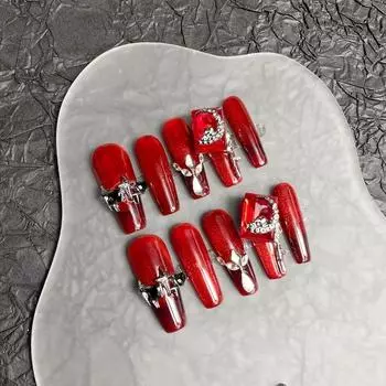100% РУЧНАЯ РАБОТА Длинные накладные ногти в форме гроба с клеем Длинные красные кошачий глаз Бриллиантовые кристаллы прессованные ногти акриловые накладные ногти многоразовые накладные ногти XS