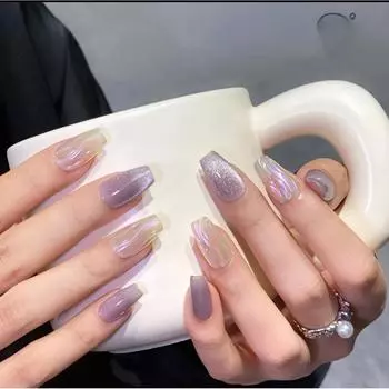 100% РУЧНАЯ РАБОТА Длинные накладные ногти в форме гроба с клеем Фиолетовый кошачий глаз Стеклянные иллюзии накладные ногти Акриловые накладные ногти Многоразовые накладные ногти XS