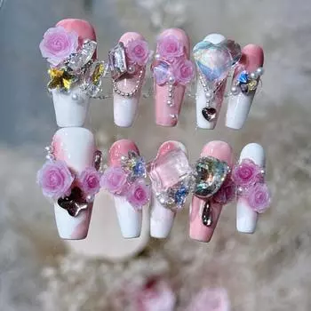 100% РУЧНАЯ РАБОТА Длинные накладные ногти в форме гроба Длинные трапециевидные накладные ногти в форме гроба Розовые романтические хрустальные алмазные накладные ногти акриловые накладные ногти многоразовые Xs The Small