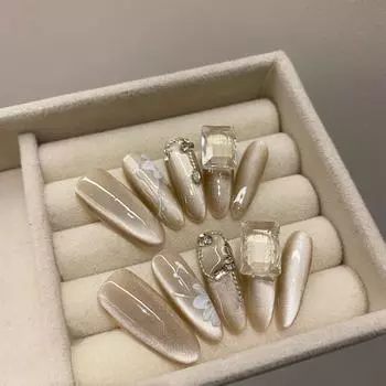 100% РУЧНАЯ РАБОТА, длинные нарисованные вручную цветы в форме капли воды, однотонные серые, кошачий глаз, бриллианты, нежная металлическая цепочка, накладные ногти, многоразовые и съемные XS