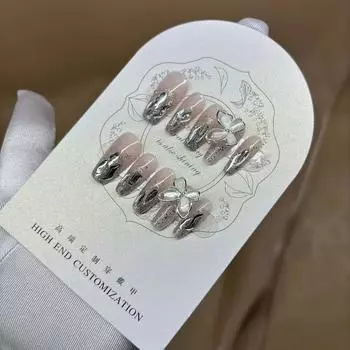 100% РУЧНАЯ РАБОТА, длинные трапециевидные искусственные ногти, пронизывающие лед, сверкающие вращающиеся бабочки с превосходным ощущением, ногти многоразового использования XS