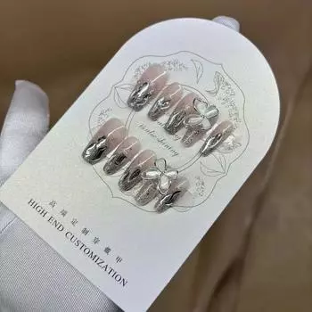 100% РУЧНАЯ РАБОТА, длинные трапециевидные накладные ногти, ледяные, сверкающие, вращающиеся бабочки с превосходным ощущением, ногти, многоразовые накладные ногти XS