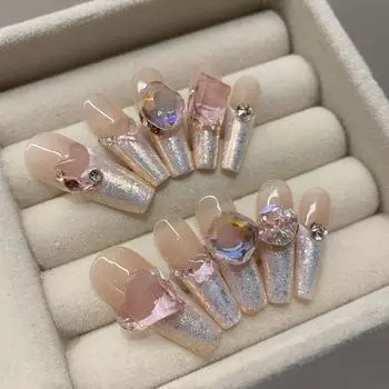 100% РУЧНАЯ РАБОТА длинные трапециевидные розовые русалки блестящие серебряные пайетки розовые сердечки бриллианты балетный стиль накладные ногти многоразовые и съемные XS