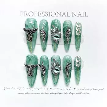 100% РУЧНАЯ РАБОТА Длинные заостренные шпильки для искусственного дизайна ногтей Жидкие крылья Ангельские глазки Темно-зеленые размазанные ногти для фототерапии Многоразовые и съемные ногти XS