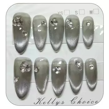 100% РУЧНАЯ РАБОТА Искусственные ногти миндалевидной формы Дымчато-серый бриллиант Французская пентаграмма «кошачий глаз» Минималистичные ногти Многоразовые и съемные накладные ногти XS