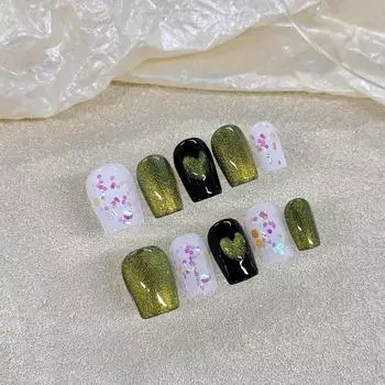 100% РУЧНАЯ РАБОТА Короткие искусственные ногти в форме гроба Темно-зеленый кошачий глаз Белое пятно Набор украшенных накладных ногтей с клеем Многоразовый пресс для ногтей XS
