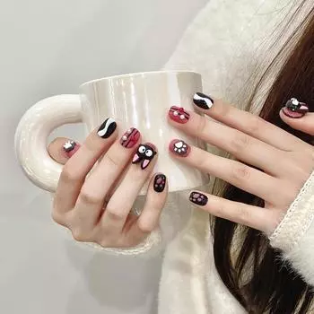 100% РУЧНАЯ РАБОТА Короткие круглые накладные ногти с клеем Косоглазая кошка Кошачьи когти Милый крутой милый мультяшный черный розовый Накладные ногти Многоразовые и съемные XS
