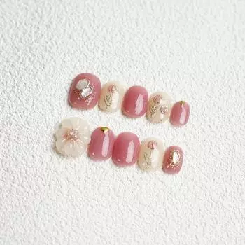 100% РУЧНАЯ РАБОТА Короткие круглые накладные ногти с клеем Накладные ногти Ручная роспись тюльпана 3 D Цветок Розовый Белый Короткий квадратный круг Акрил Нажмите на накладные ногти XS