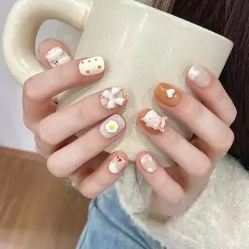 100% РУЧНАЯ РАБОТА Короткие круглые накладные ногти с клеем Тост-свинка Милые макароны Жадная свинья Акриловые накладные искусственные ногти Многоразовые ногти XS