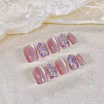 100% РУЧНАЯ РАБОТА Короткие квадратные круглая форма для ногтей Волшебное зеркало Пудра Сверкающий темперамент Отбеливание ногтей Набор накладных ногтей с клеем Многоразовый пресс на ногтях XS