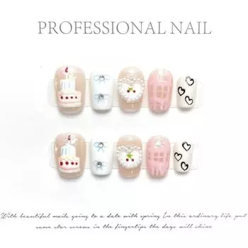 100% РУЧНАЯ РАБОТА Накладные искусственные ногти Короткие ногти в форме гроба Торт на день рождения Мультяшный кот Фототерапия Ногти Накладные ногти Многоразовые ногти с набором инструментов XS