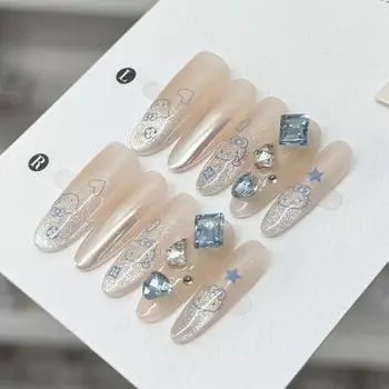 100% РУЧНАЯ РАБОТА Накладные ногти длинные овальные кошачьи глаза флэш-мультяшные KT cat нежный стиль милые ногти для фототерапии накладные ногти многоразовые XS синий