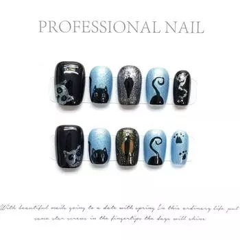 100% РУЧНАЯ РАБОТА Накладные ногти Короткие в форме гроба Летнее звездное небо Светло-голубые кристальные кошачьи глаза Кошачий ужас Фототерапевтические ногти Накладные ногти XS