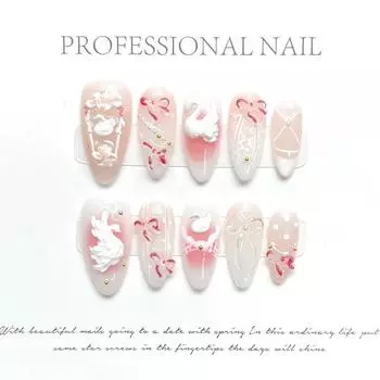 100% РУЧНАЯ РАБОТА Пресс на искусственных ногтях миндалевидной формы 3D Цветок Китайский лебедь Фототерапевтические ногти Накладные ногти Многоразовые и съемные ногти с набором инструментов XS