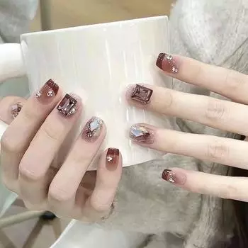 100% РУЧНАЯ РАБОТА Пресс-накладные искусственные ногти ультракороткие в форме гроба со стразами французский нюд Фототерапевтические ногти Накладные ногти Многоразовые ногти с набором инструментов XS