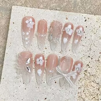 100% РУЧНАЯ РАБОТА Прессованные искусственные ногти миндалевидной формы прозрачные кристаллы груша цветок бант лента градиент фототерапия ногти накладные ногти многоразовые XS