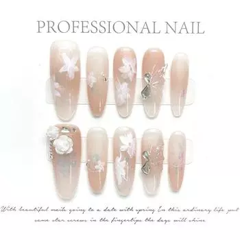 100% РУЧНАЯ РАБОТА Прессованные искусственные ногти удлиненно-овальной формы с кристаллами в виде бабочки, нежные цветочные градиентные ногти для фототерапии Накладные ногти многоразового использования XS