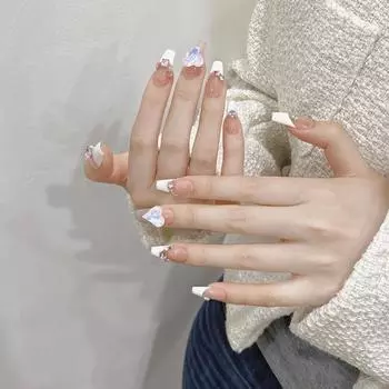 100% РУЧНАЯ РАБОТА Средняя форма гроба Трапециевидная форма гроба Набор накладных ногтей с клеем LOVING Rhinestone French Style Нажмите на ногти Накладные ногти многоразовые XS