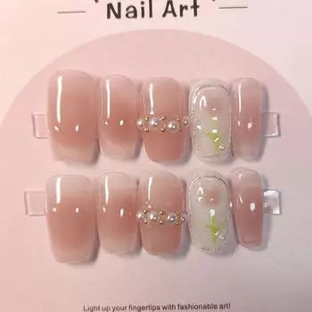 100% РУЧНАЯ РАБОТА, трапециевидный набор накладных ногтей в форме гроба с клеем, весенний румянец, девчачий жемчужный тюльпан, нежный и милый стиль, фототерапевтические ногти, многоразовые XS