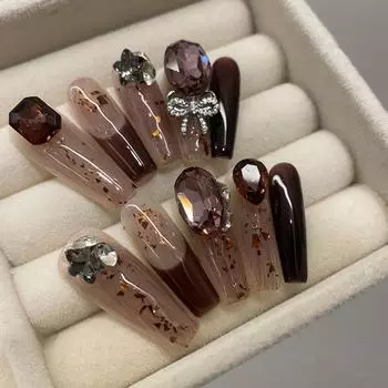 100% РУЧНАЯ РАБОТА удлиненные ногти в форме балерины/удлиненные длинные трапециевидные темно-коричневые светло-серые швы Блестящие золотые листья коричневые бриллианты Накладные ногти в стиле ретро XS