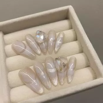100% РУЧНАЯ РАБОТА удлиненные овальные ногти/очень длинные в форме капли воды светло-серые кошачий глаз струйный дизайн прозрачные бриллианты балетный стиль принцесса грация накладные ногти XS