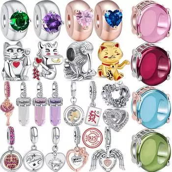 100% серебро 925 пробы, кассета, милый бык, кот, цветок, крылья ангела, вращающийся мир, висячие бусины, подходят оригинальные подвески, браслет, ювелирные изделия
