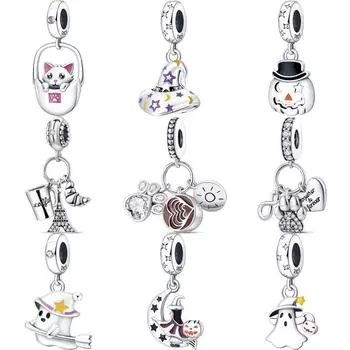 100% серебро S925, милый кошачий принт, кофейная чашка, железная башня, кулон с призраком, бусины, подходят к оригинальным подвескам, браслету, ювелирные украшения