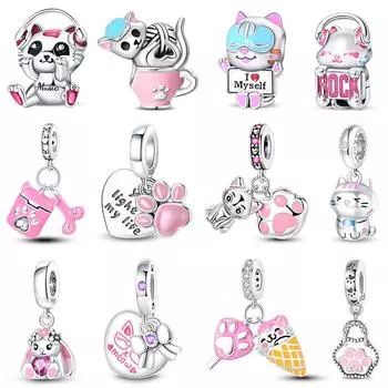 100% серебряная чашка 925 пробы с музыкальным котом, розовыми кошачьими лапками, бусины, подходят для оригинального браслета 925 пробы, изящные милые ювелирные изделия, подарок своими руками