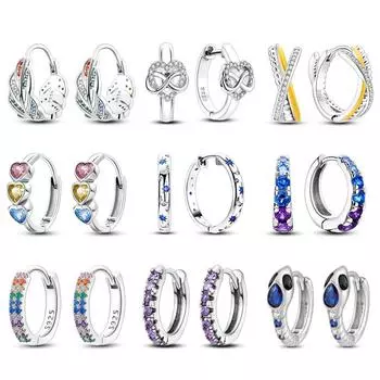 100% серебряные серьги для женщин, красочные циркониевые серьги-кольца с радужными перьями, сердце любви, синяя змея, модные украшения белый