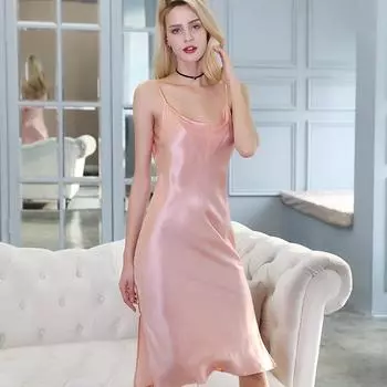 100% шелк тутового шелкопряда женская летняя сорочка пижамы сексуальная ночная рубашка однотонный цвет миди слинг платье атласная ночная рубашка на тонких бретельках L