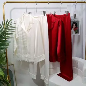 100% шелковая домашняя одежда, настоящий шелковый пижамный комплект, женская рубашка с длинным рукавом, брюки, однотонная домашняя одежда, пижама с отворотом, ночная одежда M белый