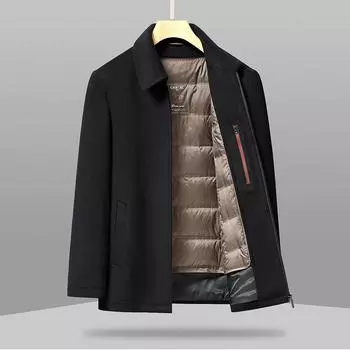 100% шерсть двусторонняя шерстяная куртка деловая повседневная куртка для папы с лацканами полоса гусиный пух подкладка пальто пальто 170 чёрный