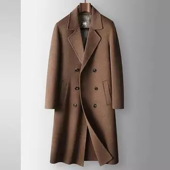 100% шерсть мужское пальто осень и зима длиной до колена двубортное с подкладкой из гусиного пуха повседневное теплое двухстороннее шерстяное пальто M кофейный